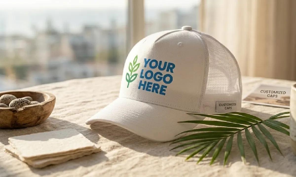 Customized white cap with logo on table with tropical leaf, aesthetic branding photography