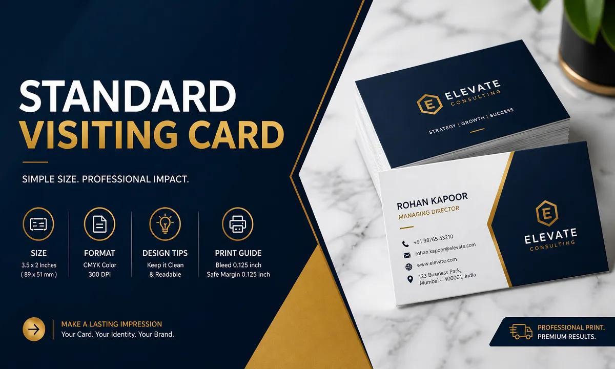 Standard visiting card size and design format guide with dimensions for professional printing